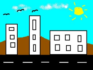 A cityscape background created for a green screen movie.